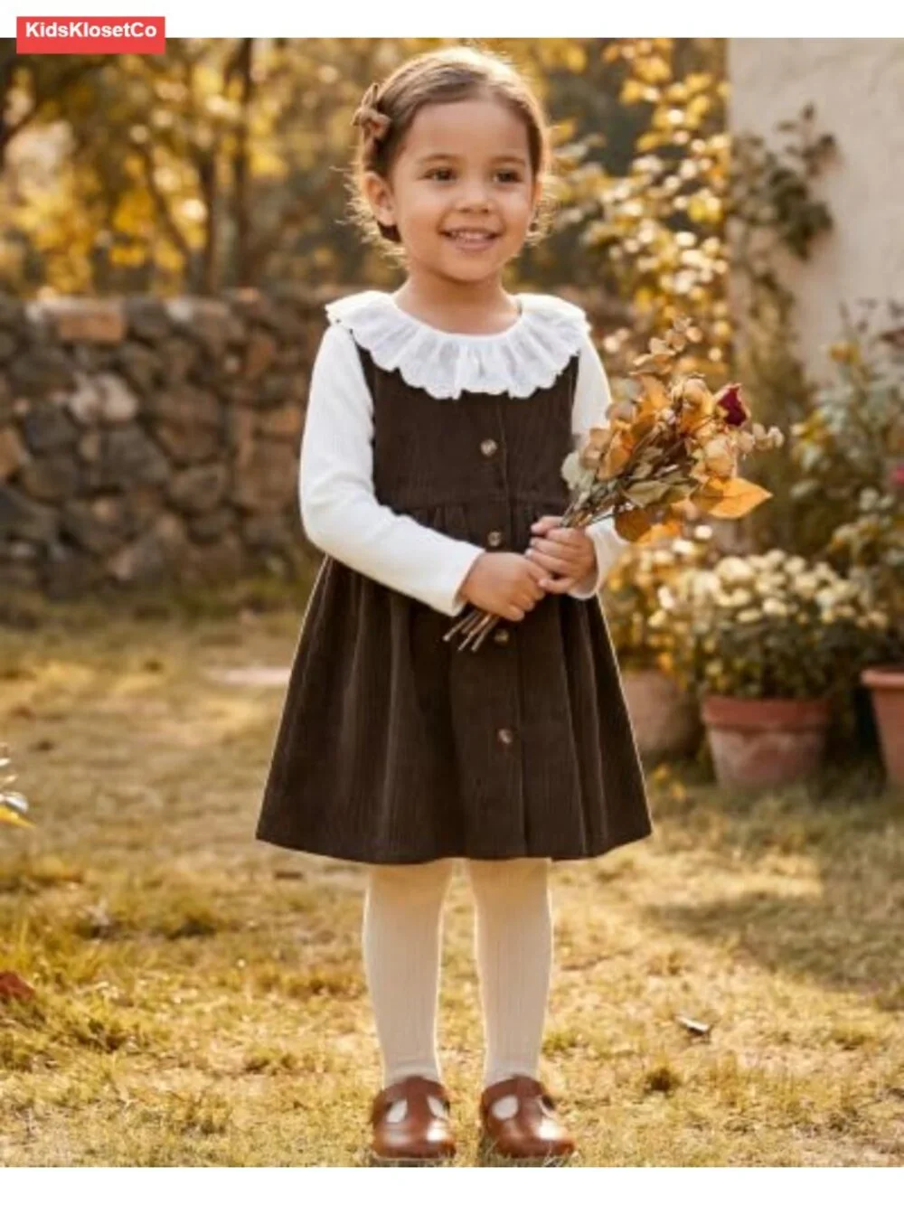 Toddler Long Sleeve Lace Collar Top Corduroy Overall Dress Set 2-Piece